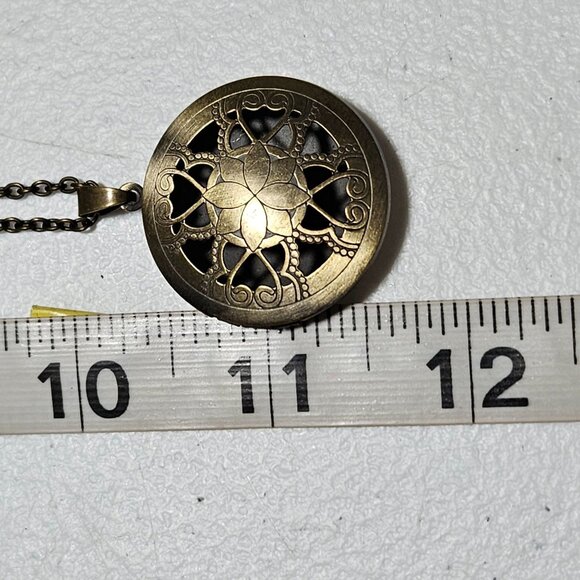 Vintage Bronze Round Locket Necklace Intricate Filigree Design - Picture 8 of 8